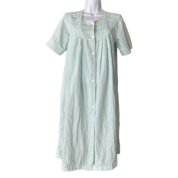 Vintage Miss Elaine Gingham Housecoat Snap Front Cottagecore Robe S/M Preloved - Picture 2 of 8